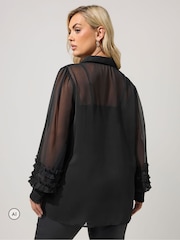 Yours Curve Black Ruffle Shirred Cuff Shirt - Image 3 of 6