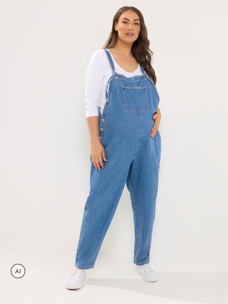Yours Curve Blue Maternity Dungarees - Image 1 of 6 Yours Curve Blue Maternity Dungarees - Image 1 of 6