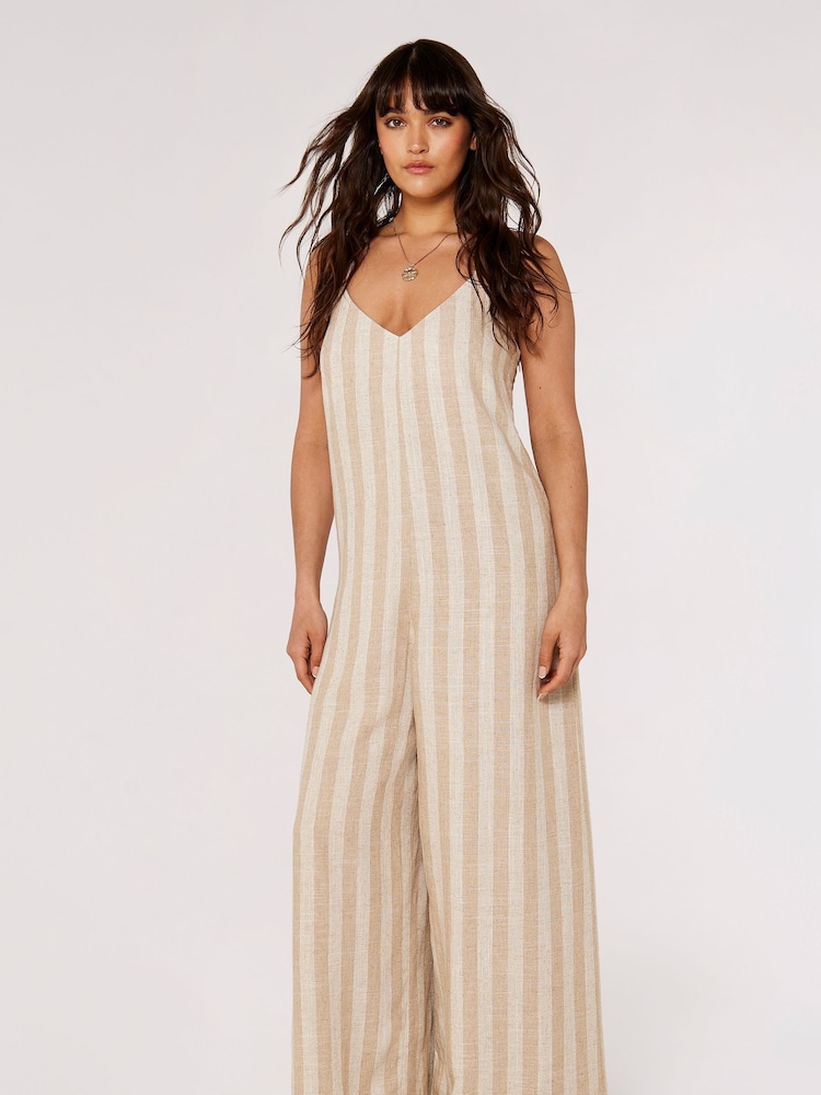 Apricot Brown & Cream Self Stripe Linen Mix Jumpsuit - Image 1 of 4