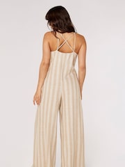 Apricot Brown & Cream Self Stripe Linen Mix Jumpsuit - Image 2 of 4