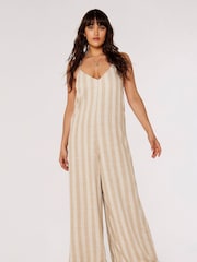 Apricot Brown & Cream Self Stripe Linen Mix Jumpsuit - Image 3 of 4