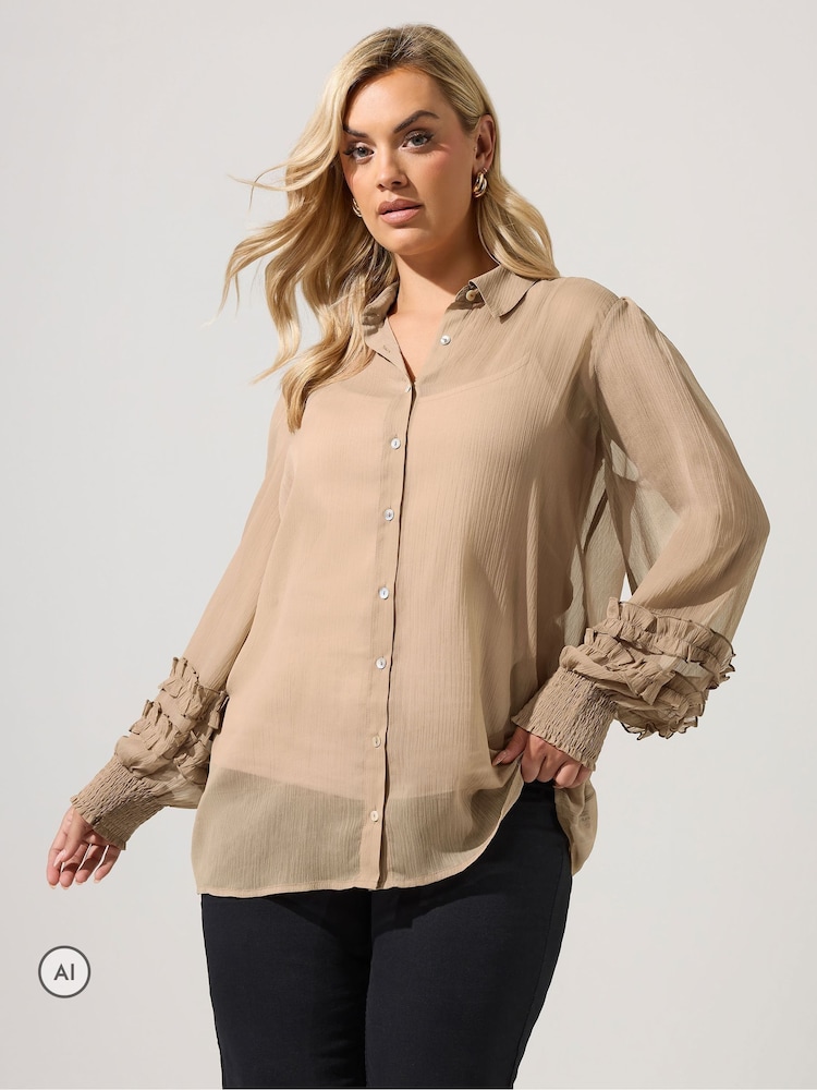 Yours Curve Natural Ruffle Shirred Cuff Shirt - Image 1 of 6