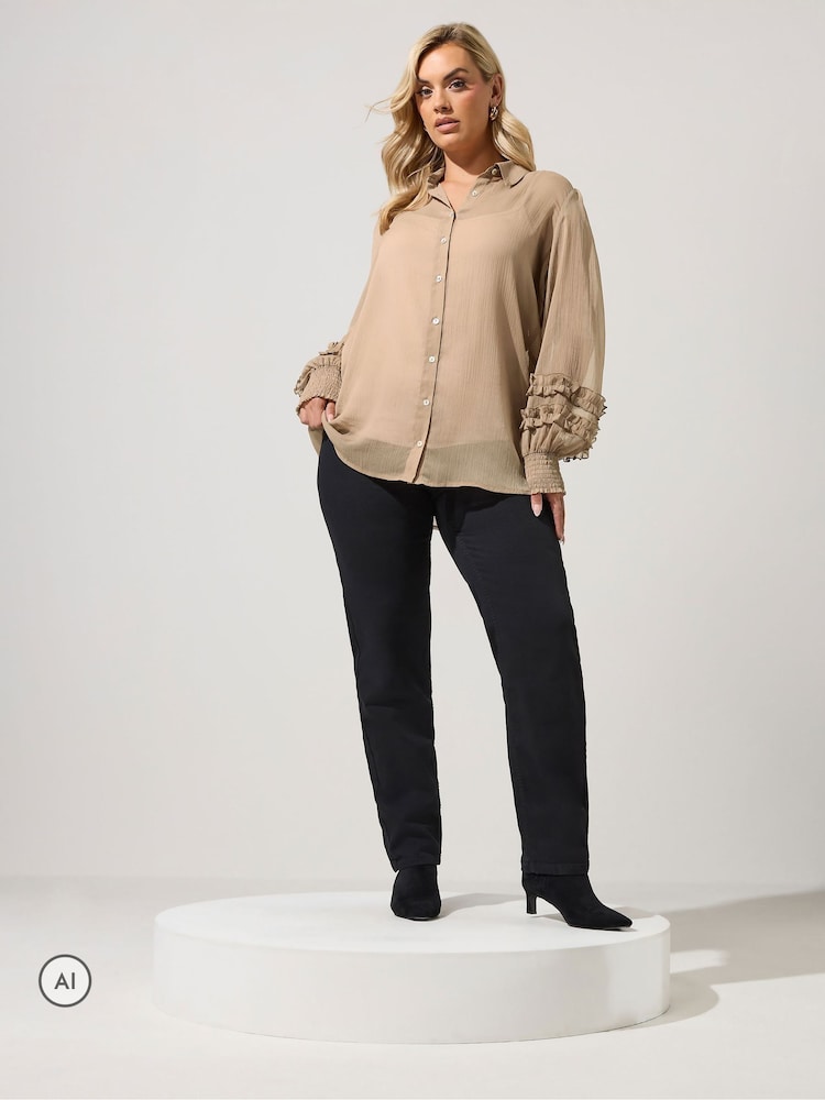 Yours Curve Natural Ruffle Shirred Cuff Shirt - Image 2 of 6