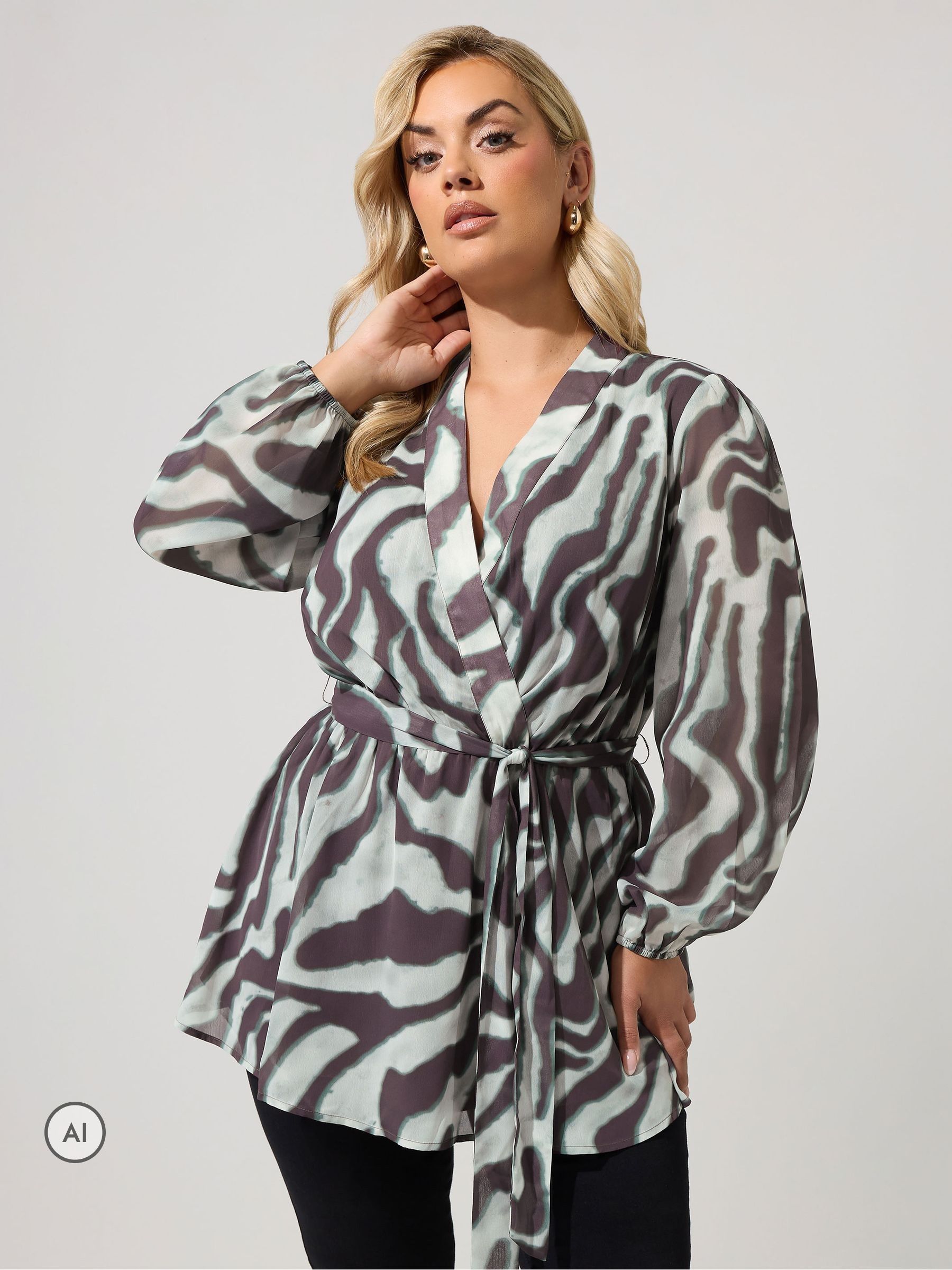 Yours Curve Women's Grey Animal Zebra Blurred Wrap Top - Image 1