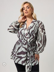 Yours Curve Grey Animal Zebra Blurred Wrap Top - Image 1 of 6