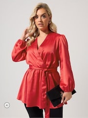 Yours Curve Red Satin Wrap Blouse - Image 1 of 6