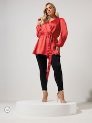 Yours Curve Red Satin Wrap Blouse - Image 2 of 6