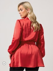 Yours Curve Red Satin Wrap Blouse - Image 3 of 6