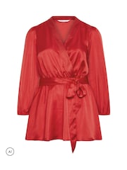 Yours Curve Red Satin Wrap Blouse - Image 5 of 6