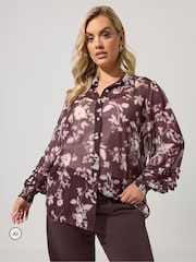 Yours Curve Wine Red Ruffle Shirred Cuff Shirt - Image 1 of 6