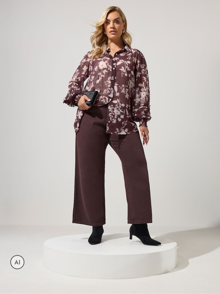 Yours Curve Wine Red Ruffle Shirred Cuff Shirt - Image 2 of 6