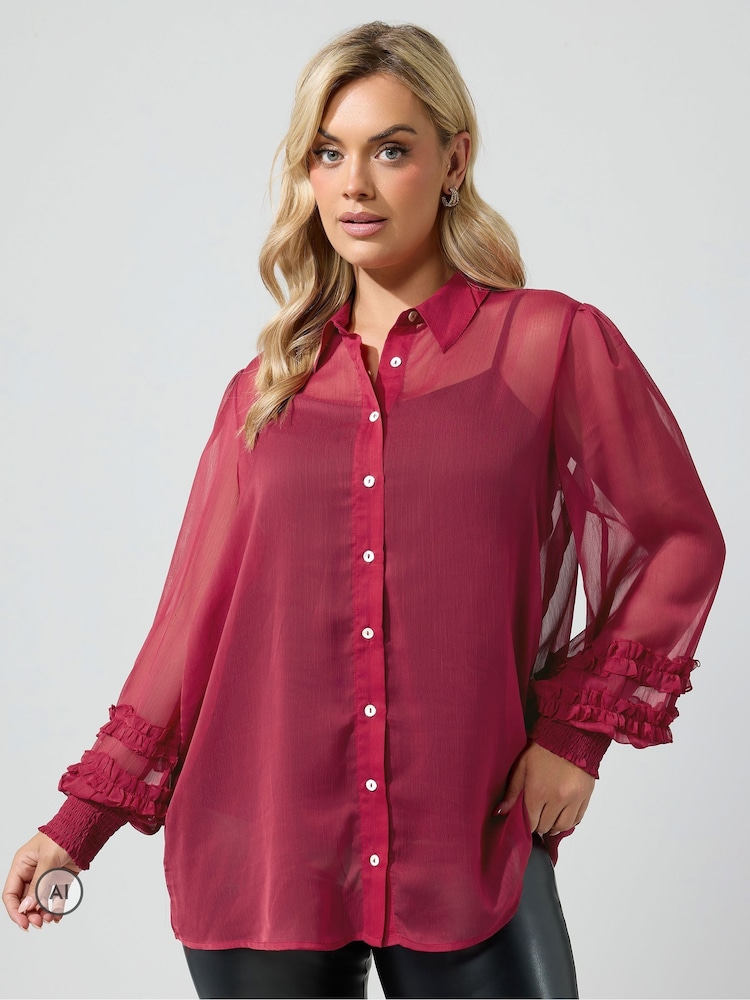 Yours Curve Red Ruffle Shirred Cuff Shirt - Image 1 of 6