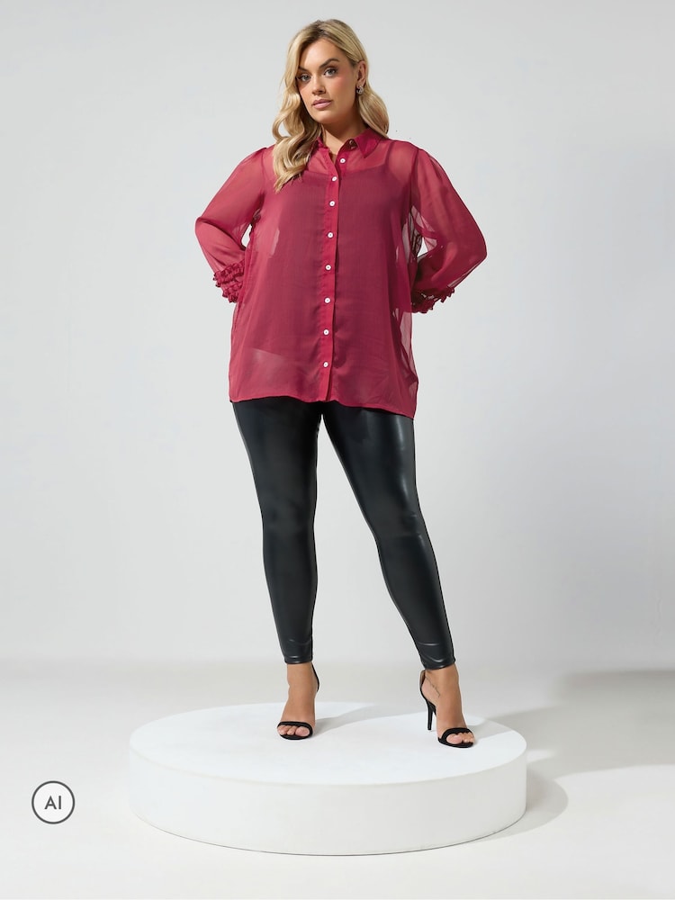 Yours Curve Red Ruffle Shirred Cuff Shirt - Image 2 of 6