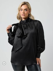Yours Curve Black Satin Bow Blouse - Image 1 of 6