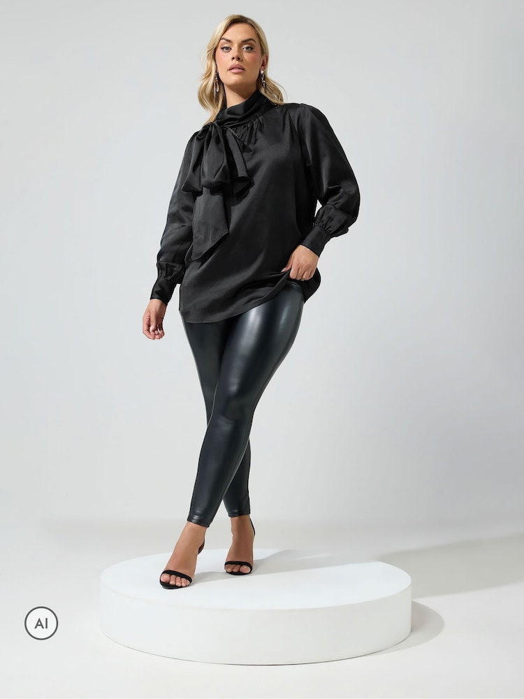 Yours Curve Black Satin Bow Blouse - Image 2 of 6