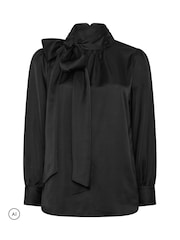 Yours Curve Black Satin Bow Blouse - Image 5 of 6