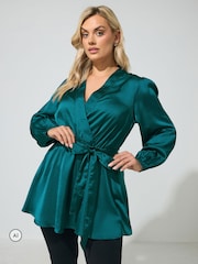 Yours Curve Green Satin Wrap Blouse - Image 1 of 6