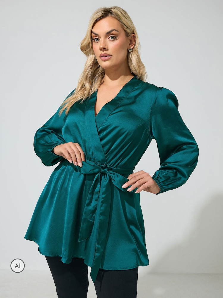 Yours Curve Green Satin Wrap Blouse - Image 1 of 6