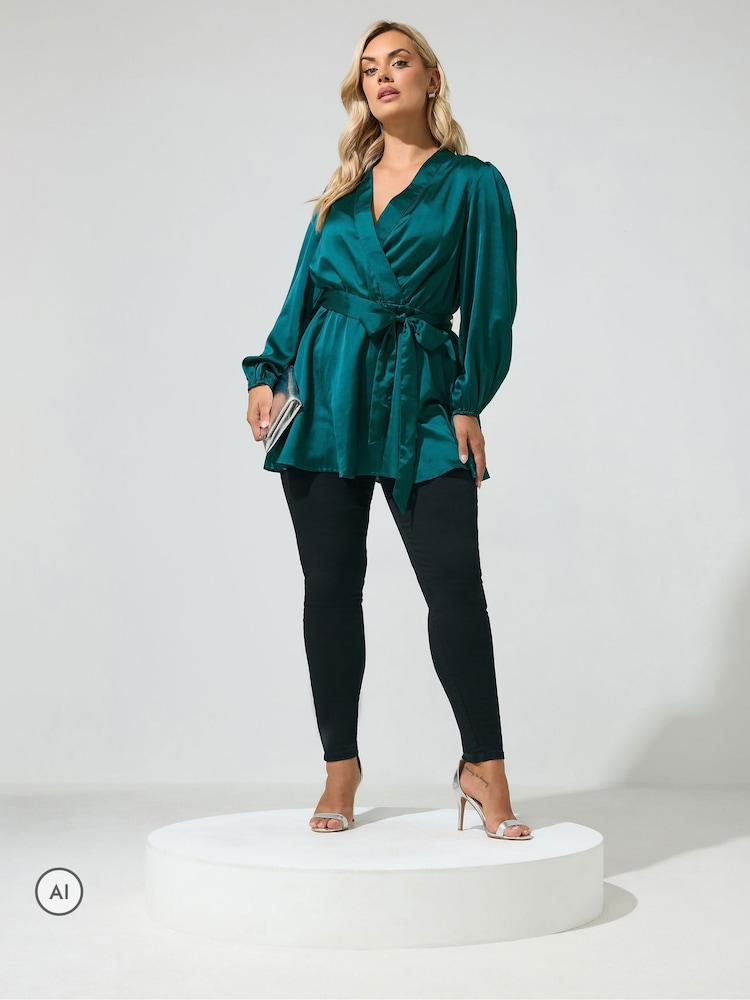 Yours Curve Green Satin Wrap Blouse - Image 2 of 6