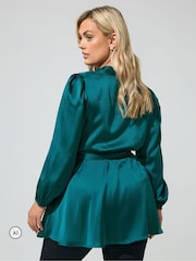 Yours Curve Green Satin Wrap Blouse - Image 3 of 6