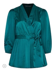 Yours Curve Green Satin Wrap Blouse - Image 5 of 6