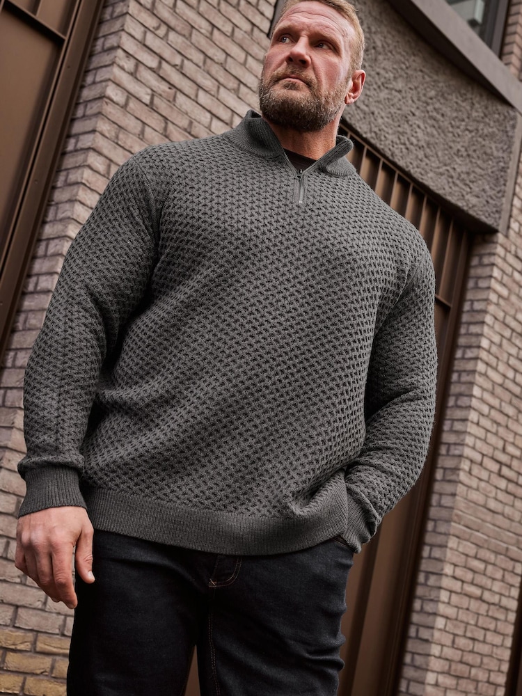 BadRhino Big & Tall Grey Texured 1/4 Zip Jumper - Image 1 of 4
