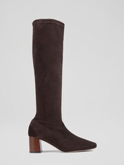 LK Bennett Chocolate Brown Stretch Suede Davina Knee High Boots - Image 1 of 4