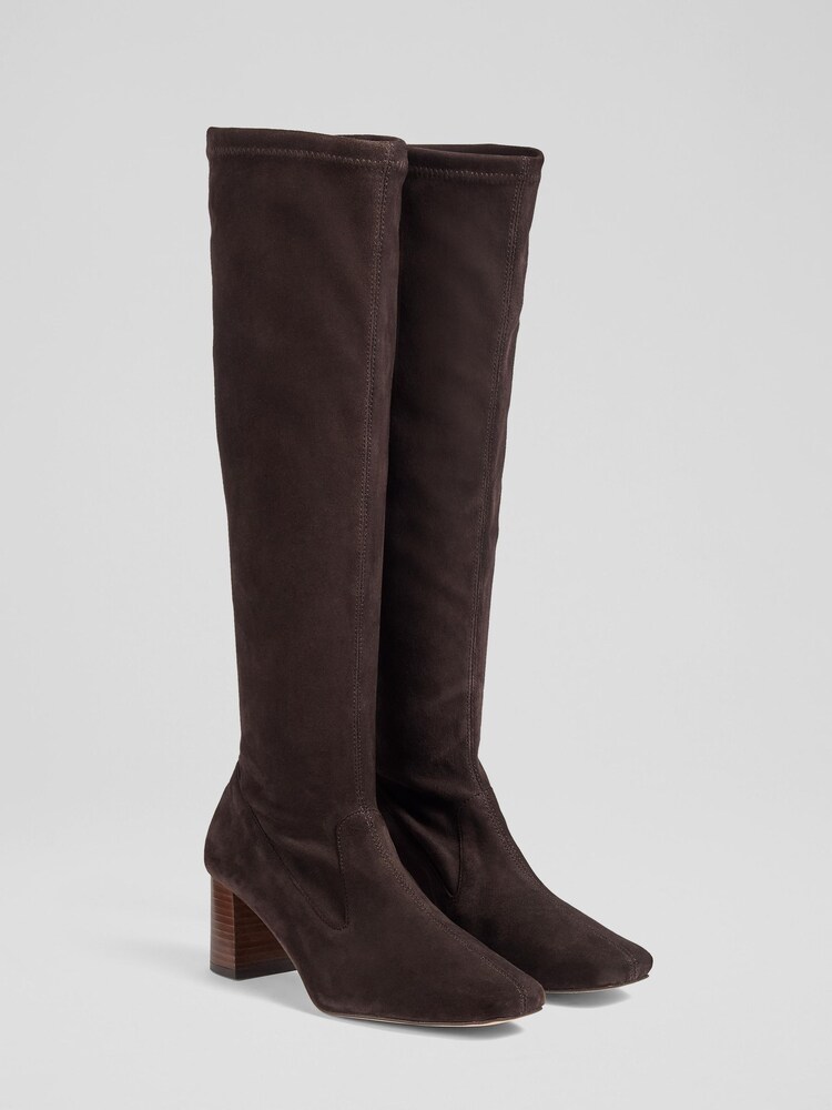 LK Bennett Chocolate Brown Stretch Suede Davina Knee High Boots - Image 2 of 4