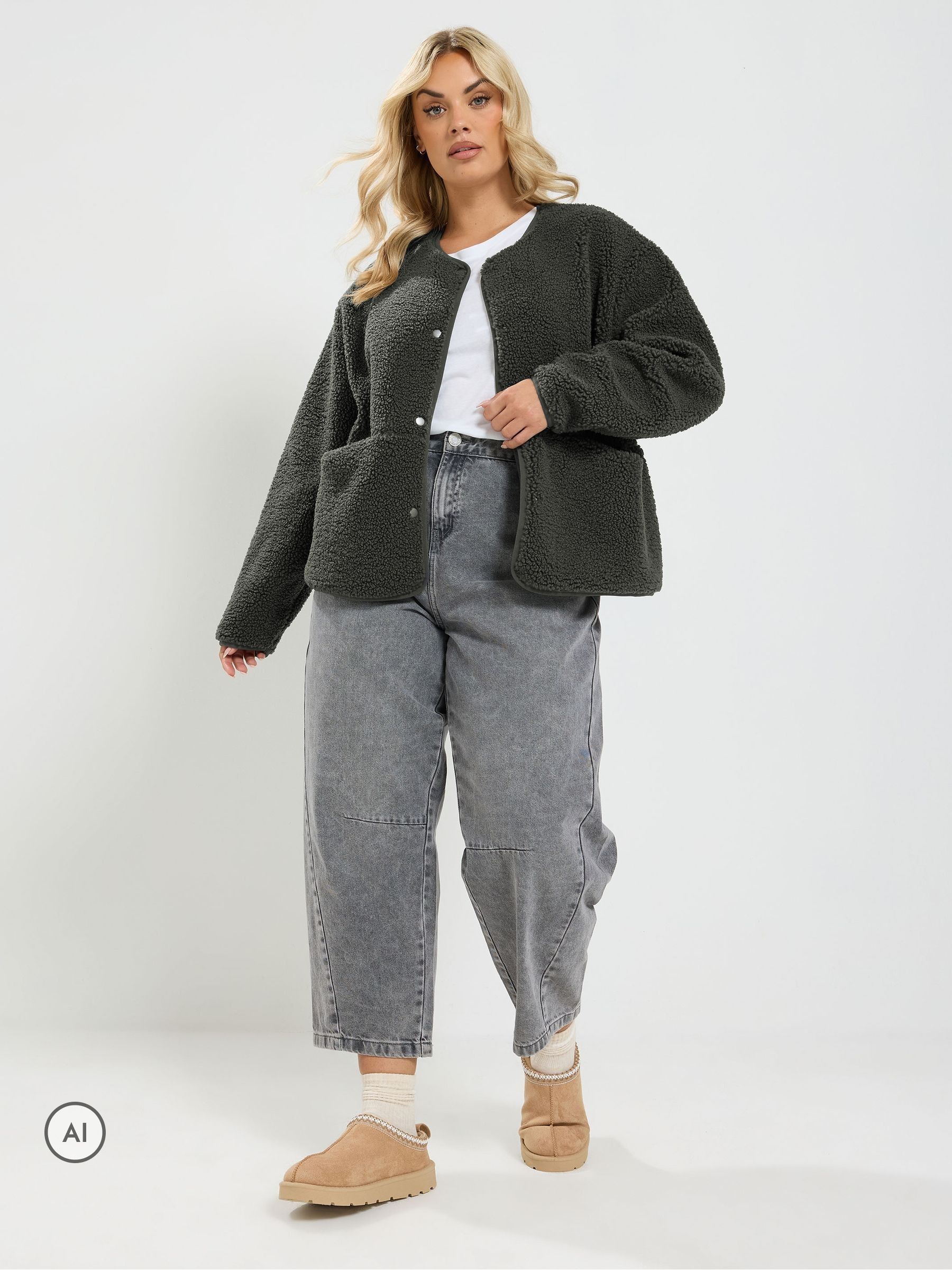 Yours Curve Women's Grey Collarless Popper Fleece - Image 1