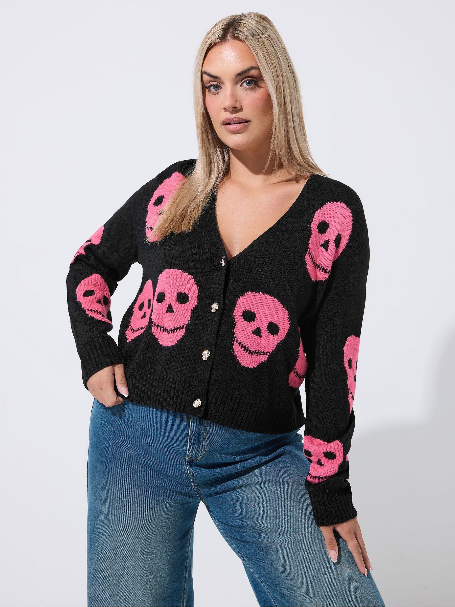 Yours Curve Women's Black Limited Skull Button Cardigan - Image 3