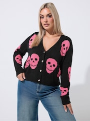 Yours Curve Black Limited Skull Button Cardigan - Image 1 of 6