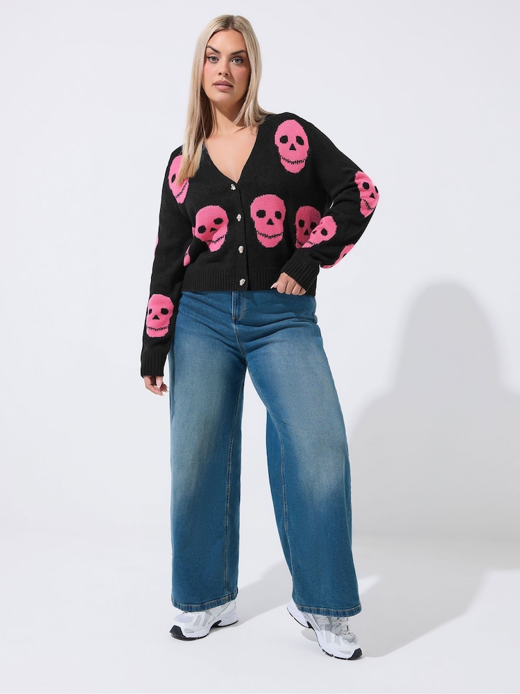 Yours Curve Black Limited Skull Button Cardigan - Image 2 of 6 Yours Curve Black Limited Skull Button Cardigan - Image 2 of 6