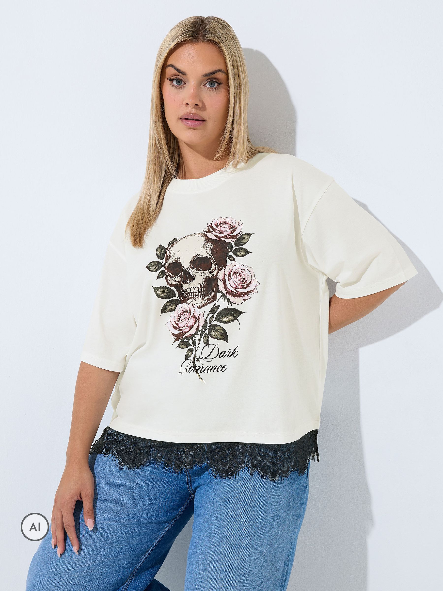 Yours Women's White Skull Print Lace Hem T-Shirt In | Size: 26-28 - Image 6
