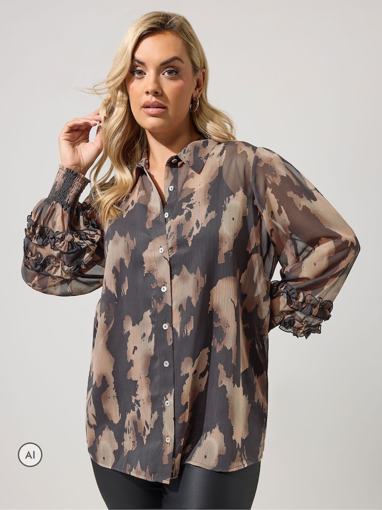 Yours Curve Black Ruffle Shirred Cuff Shirt - Image 1 of 6