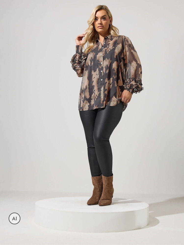 Yours Curve Black Ruffle Shirred Cuff Shirt - Image 2 of 6