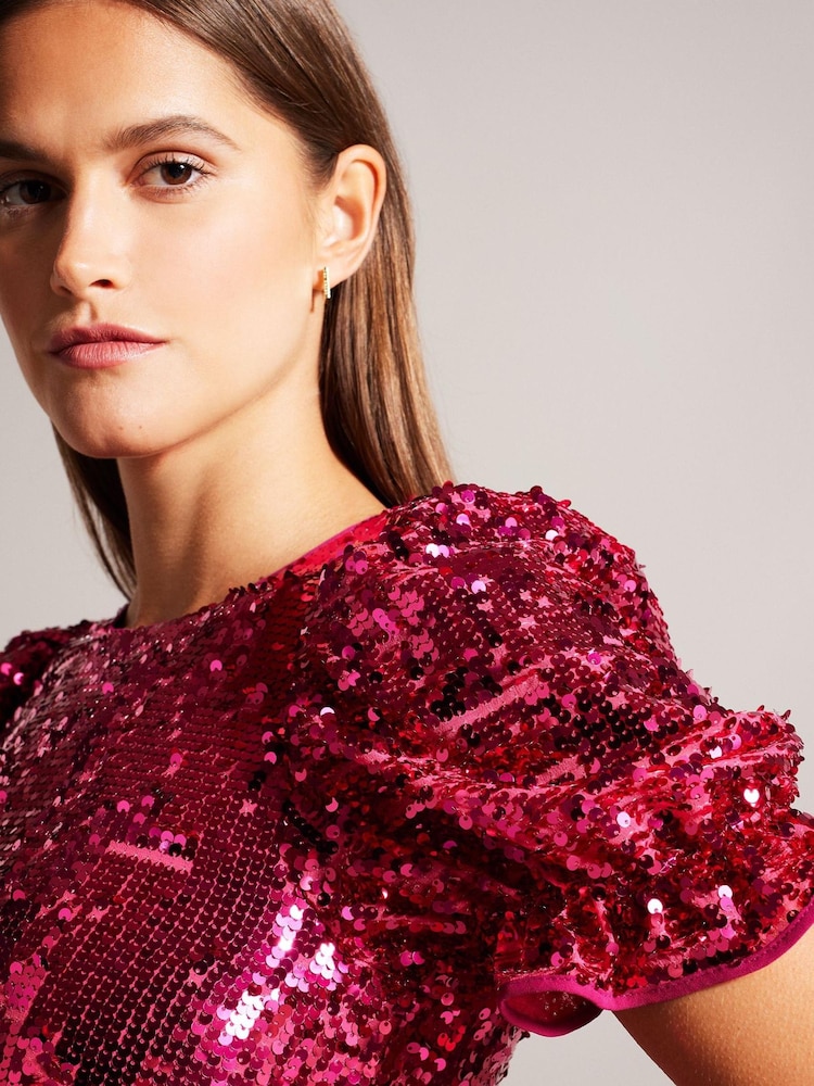 Ted Baker Zayyla Blue Sequin Puff Sleeve Mini Dress - Image 4 of 6