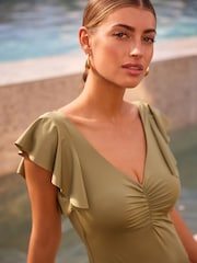 Khaki Green Plunge Frill Sleeved Tummy Shaping Control Swimsuit - Image 3 of 5