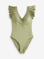 Khaki Green Plunge Frill Sleeved Tummy Shaping Control Swimsuit - Image 5 of 5
