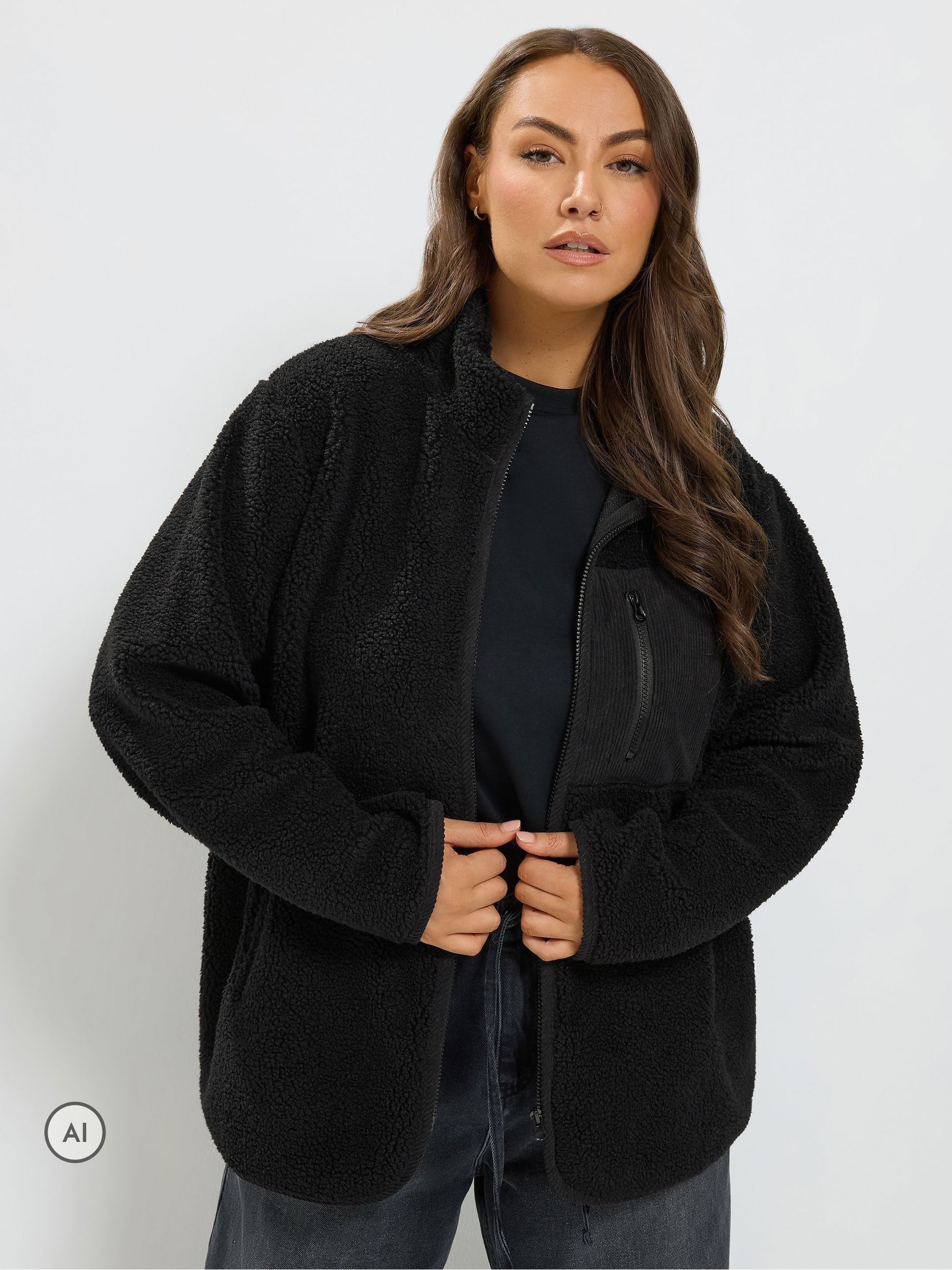 Yours Women's Black Borg Fleece Jacket In | : 30/32 - Image 3