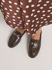 Yours Curve Brown Slim Sole Snaffle Trim Loafers in Extra Wide Fit - Image 1 of 5
