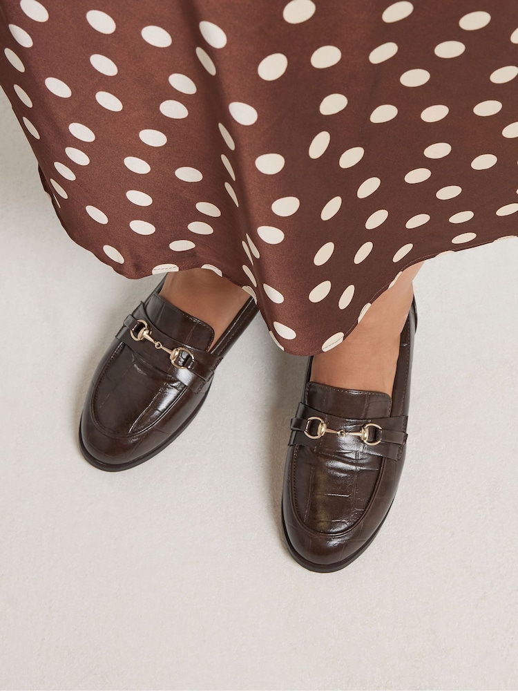 Yours Curve Brown Slim Sole Snaffle Trim Loafers in Extra Wide Fit - Image 1 of 5