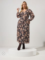 Yours Curve Natural Floral Buckle Wrap Dress - Image 1 of 6