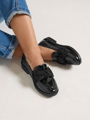 Yours Curve Black Patent Bow Loafers in Wide E Fit - Image 1 of 5