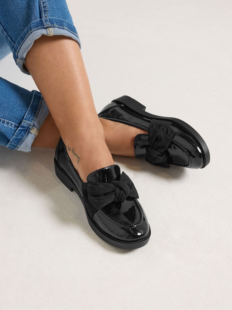 Yours Curve Black Patent Bow Loafers in Wide E Fit - Image 1 of 5 Yours Curve Black Patent Bow Loafers in Wide E Fit - Image 1 of 5