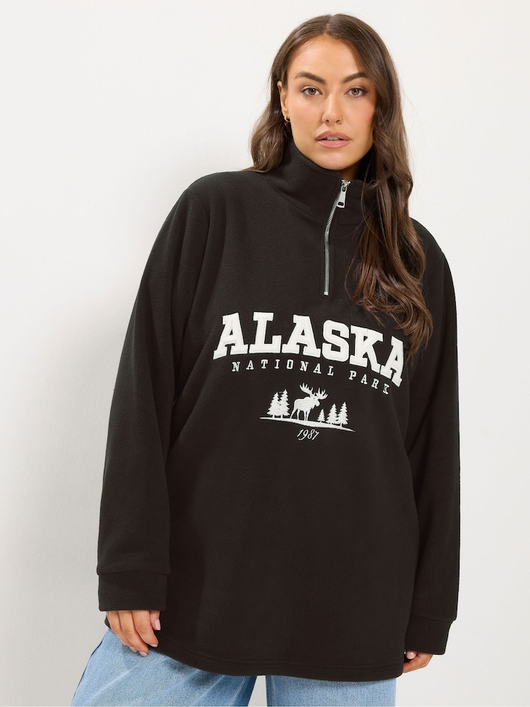 Yours Curve Brown Slogan Half Zip Fleece - Image 1 of 6 Yours Curve Brown Slogan Half Zip Fleece - Image 1 of 6