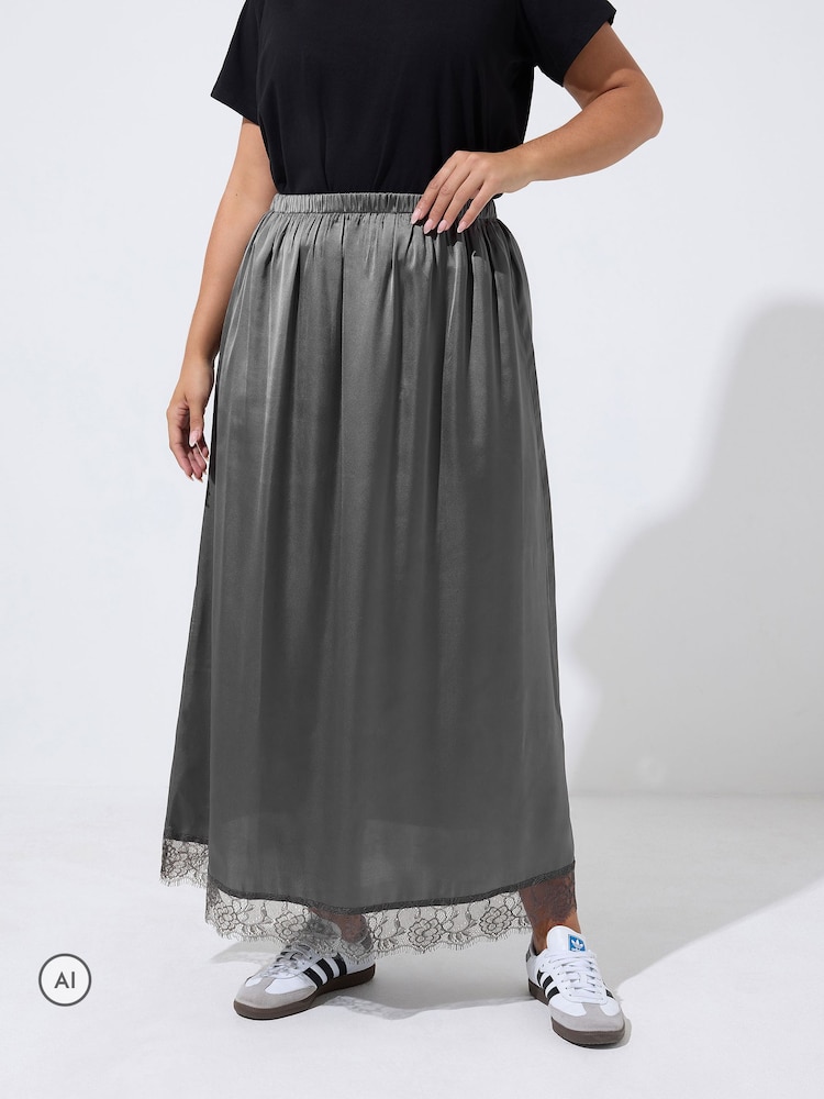 Yours Curve Grey Limited Long Satin Hem Skirt - Image 1 of 6
