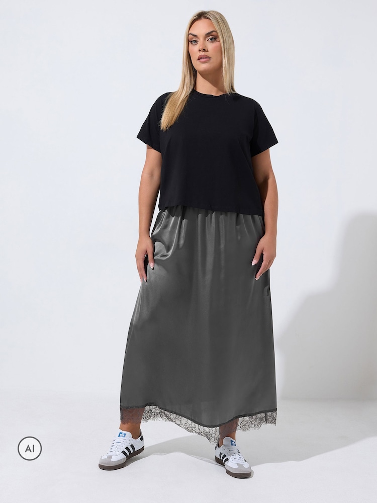 Yours Curve Grey Limited Long Satin Hem Skirt - Image 2 of 6