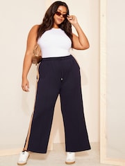 Curves Like These Navy Blue Side Stripe Wide Leg Trousers - Image 3 of 4