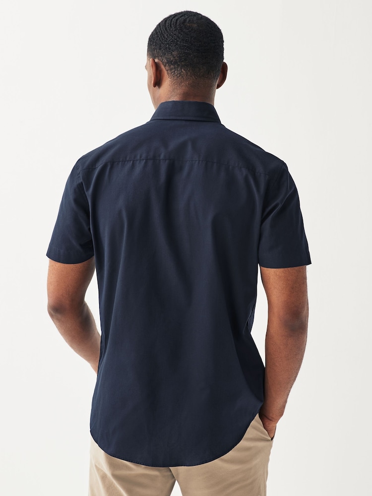 Navy Blue Regular Fit Short Sleeve Easy Iron Button Down Oxford Shirt - Image 3 of 6