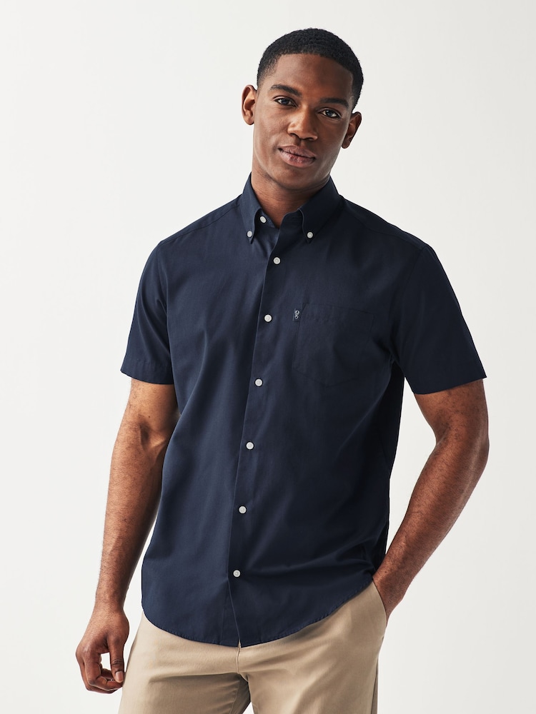 Navy Blue Regular Fit Short Sleeve Easy Iron Button Down Oxford Shirt - Image 4 of 6